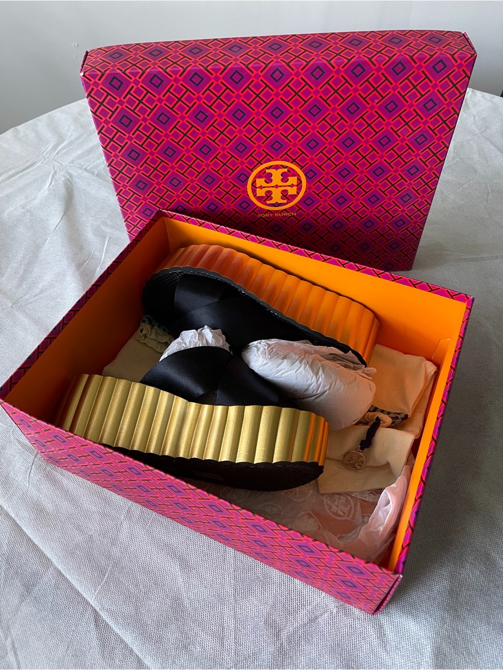 Tory Burch Black Satin Scallop Wedge Platform Cross-Strap Slide Sandals - Picture 5 of 14